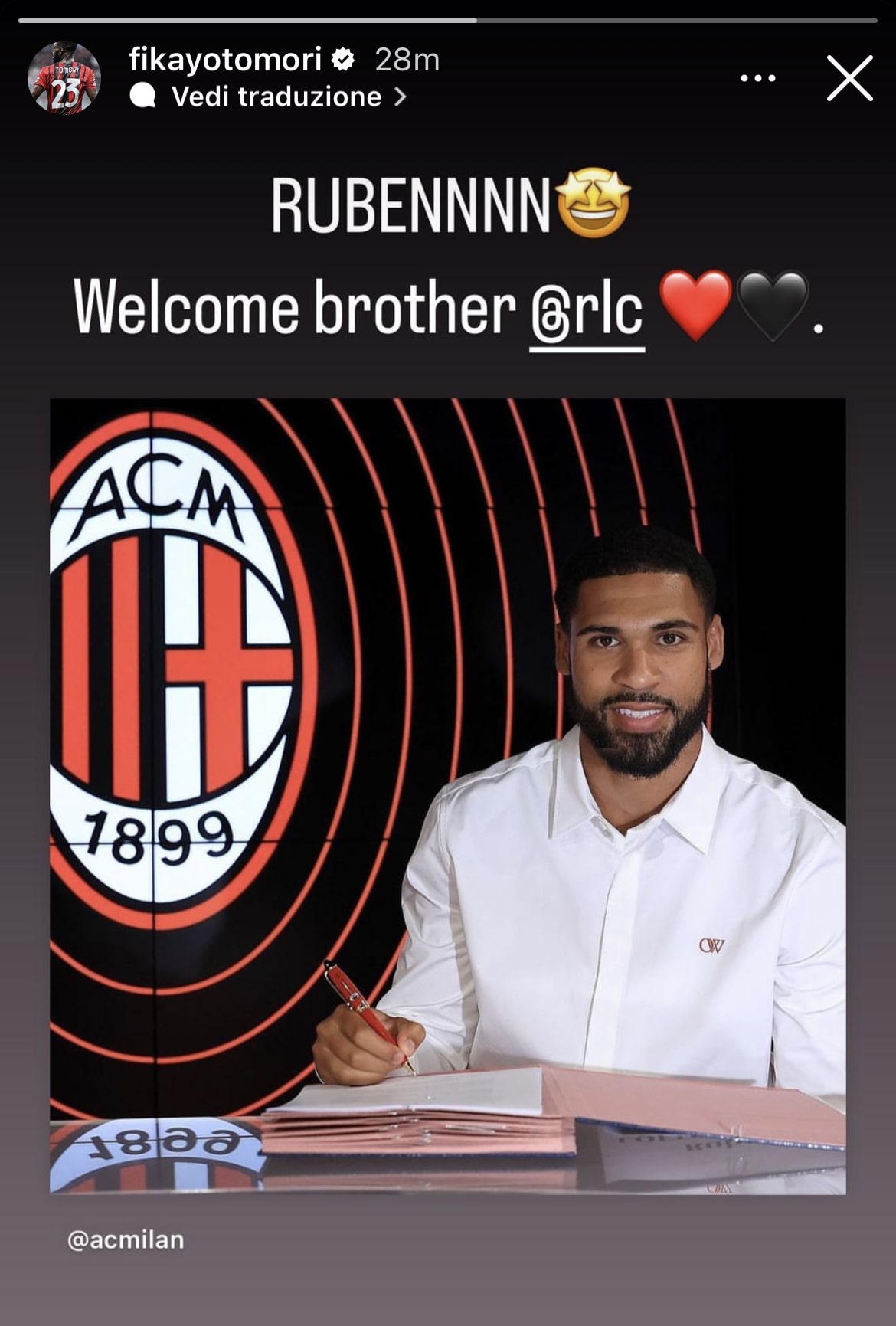 La story di Fikayo Tomori per accogliere Ruben Loftus-Cheek al Milan